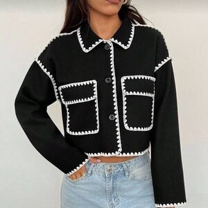 CONTRAST STITCH Black + White Cropped Wool Jacket XS S M L XL 0X